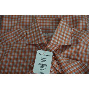 Kiton Orange Check Spread Collar 100% Cotton Dress Shirt Sz 39 15.5 NEW WITH TAG